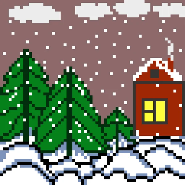 pixels house and the forest winter landscape illustration