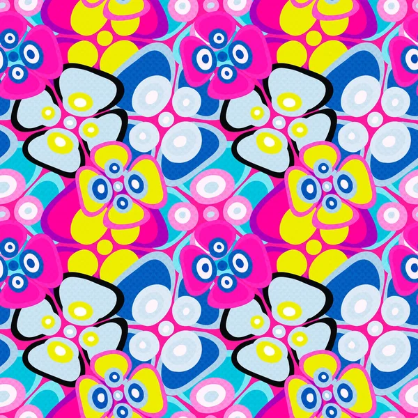 Brightly colored abstract flowers on a black background seamless pattern illustration — Stock Photo, Image