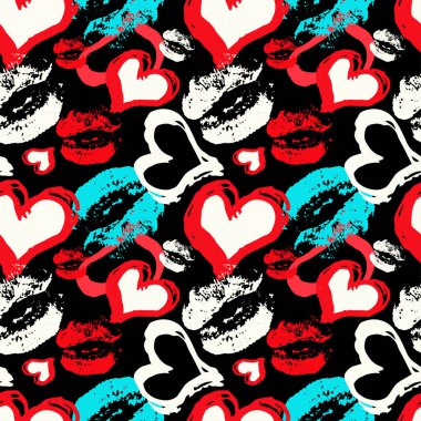 renkli Kalpler ve bir siyah arka plan seamless modeli dudaklarından