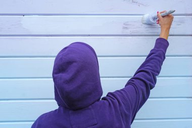 Duvarı maviye boyamak için fırça kullanan bir kadın.                               