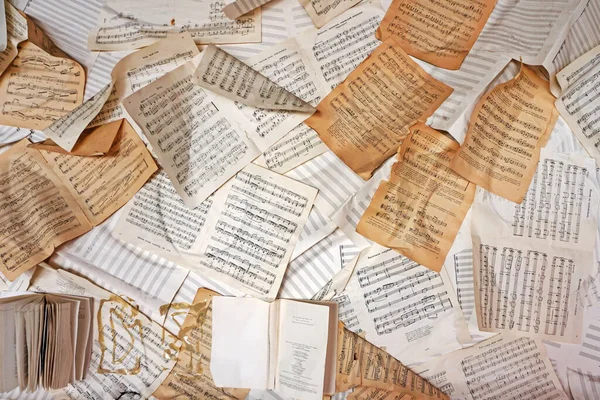 Notas Musicales Fondo Viejas Hojas Partituras Pared — Foto de Stock