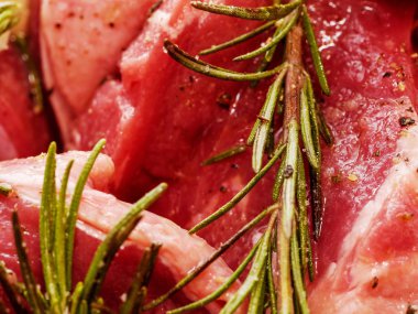 Zeytinyağı ve biberiye ile marine çiğ pişmemiş sığır eti, yakın.