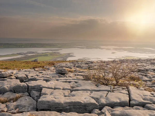 Burren National Park, utsikt från ett berg på Galway Bay, dimmig solig dag, grov terräng och stora stenar i förgrunden. Koncept resor, vandring, — Stockfoto