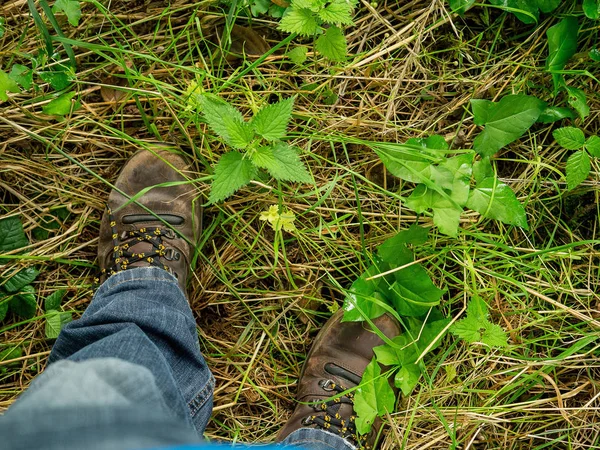 Gamla slitna stövlar på skogsmark mellan löv och gräs och blå jeans. Koncept: resenären, turist, äventyr, erfarenhet. — Stockfoto