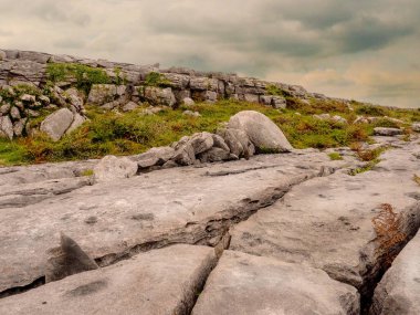 Landscape in Burren national park, Stones and rocks with patches of grass, Cloudy sky. County Clare, Ireland.