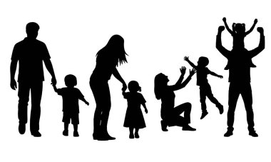 Siluet ailesi, baba, oğul, kız, siyah şekilli aile, beyaz arka planda tek renkli grafik.