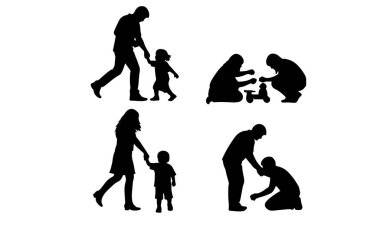 Siluet ailesi, baba, oğul, kız, siyah şekilli aile, beyaz arka planda tek renkli grafik.