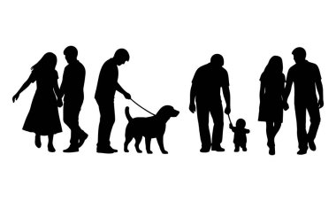 silhouette family dad mom son daughter dog postures family in black shapes monochrome color on white background vector