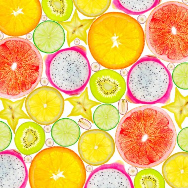 Çeşitli meyve dilimleri, tropikal yiyecekler..