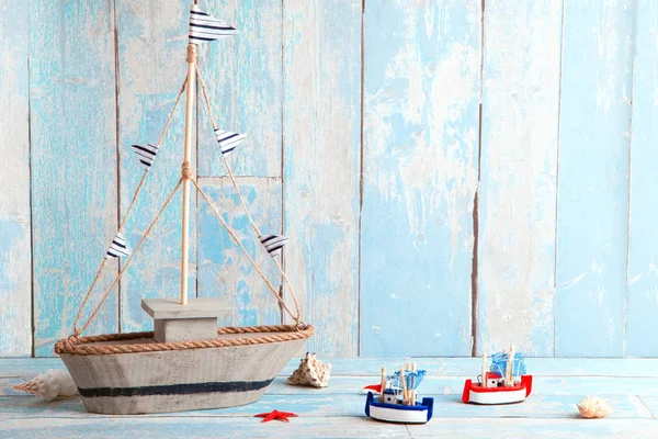 Ships Seashells Shabby Wooden Background — Stock Photo, Image