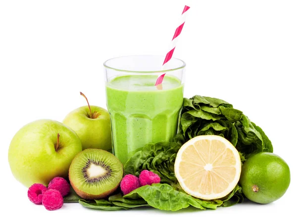 Close Van Fruit Groene Smoothie Geïsoleerd Witte Achtergrond — Stockfoto