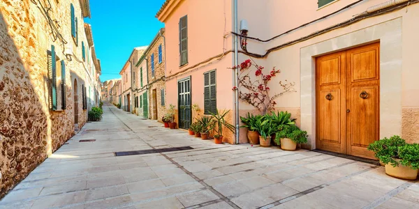 Mallorca, İspanya 'da konforlu küçük evler ve zengin bitkiler.