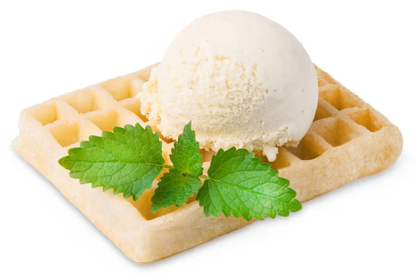 Vanilla Ice Cream Ball Waffle Isolated White Background — Stock Photo, Image
