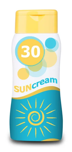 Botella Protectora Crema Solar Aislada Sobre Fondo Blanco Imágenes de stock libres de derechos