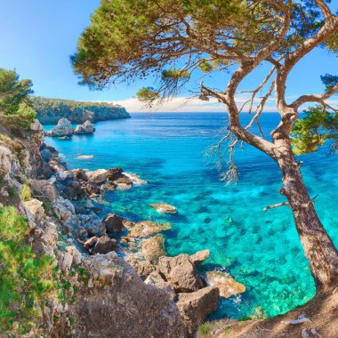 turkuaz deniz suyu ve Mallorca adanın kayalık kıyı şeridi görünümü 