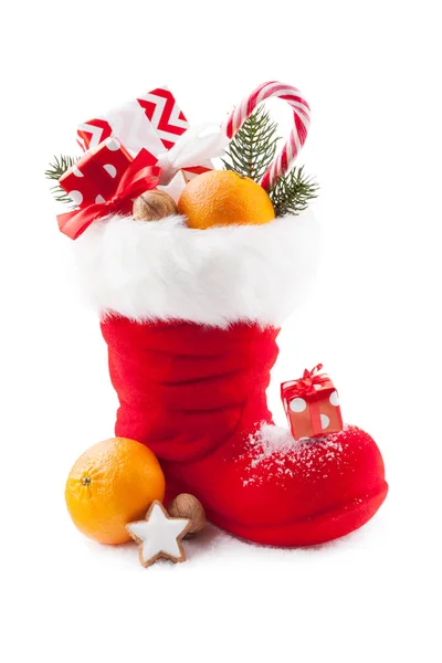 Plantilla Tarjeta Feliz Navidad Con Bota Santas Sobre Fondo Blanco —  Fotos de Stock
