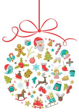 Top şeklinde şenlikli simgeler ile Noel kartı şablonu, sadece vektör illüstrasyon  