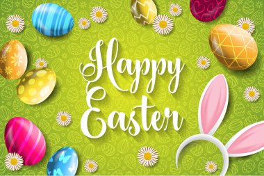 Çim ve renkli yumurta ile Mutlu Paskalya kartı şablonu