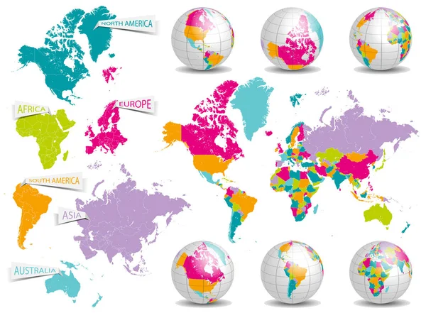 Conjunto Globos Mundiales Mapas Simplemente Ilustración Vectorial — Vector de stock