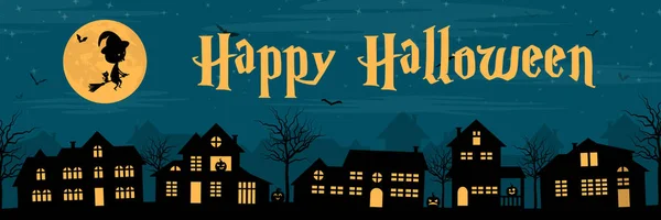 Halloween Kartenvorlage Mit Häusern Einfach Vektorillustration — Stockvektor