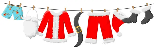 Modèle Carte Noël Avec Vêtements Santas Sur Corde Illustration Vectorielle — Image vectorielle