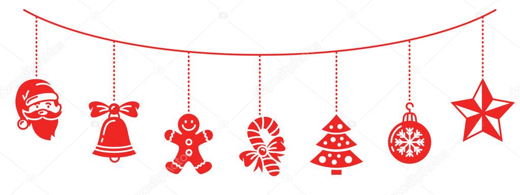 Christmas card template with hanging toys, simply vector illustration  
