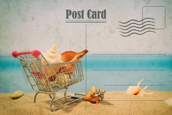 Cartão Postal Verão Vintage Compras Praia — Fotografia de Stock