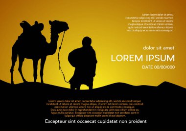 caravan in the desert, sunset background. Vector poster camel and bedouin in the Sahara  clipart