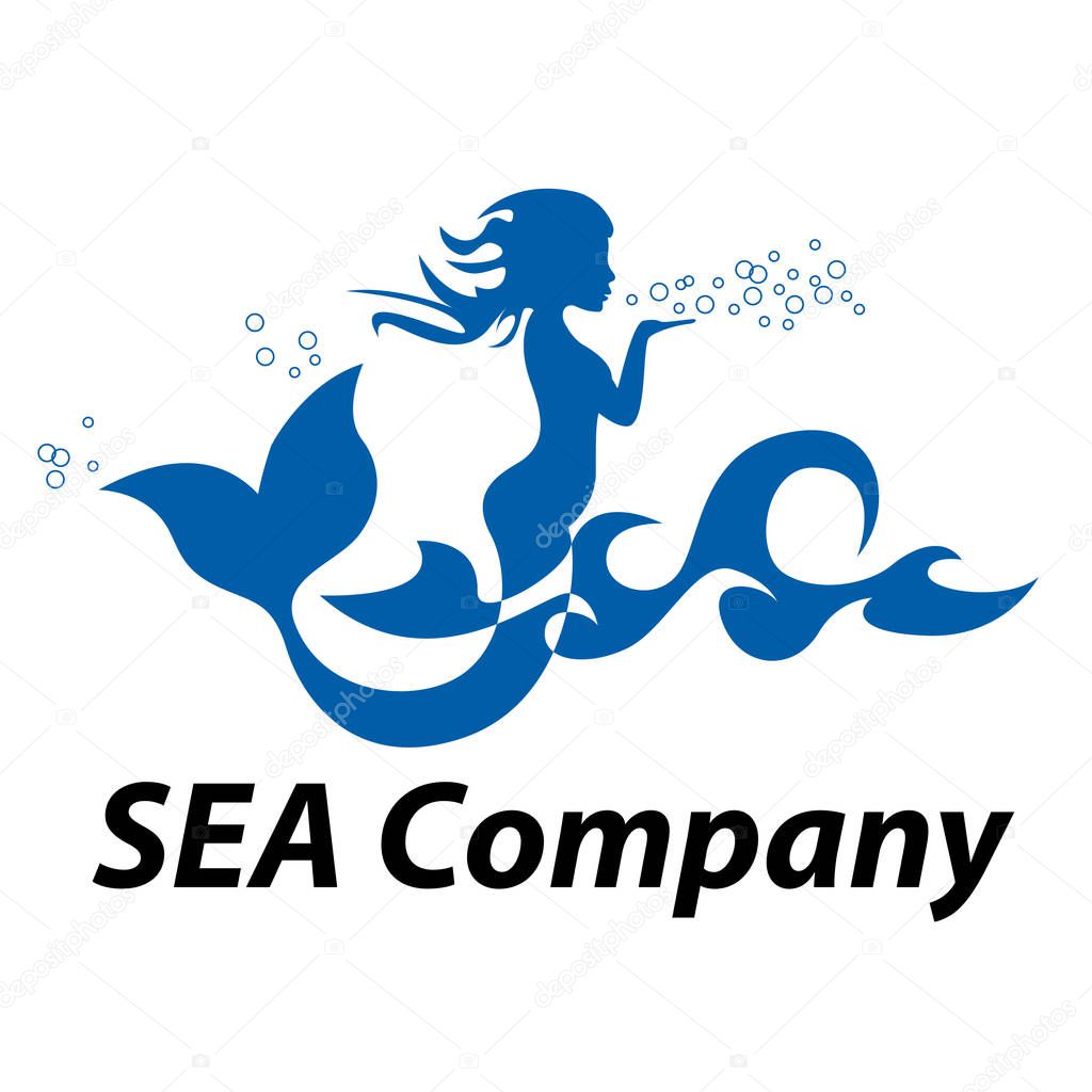 Vector sign mermaid blowing on the sea waves