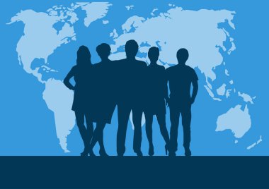 İnsanlar Dünya Haritası, vektör poster ve arka plan. Takım çalışması ve iş kavramı