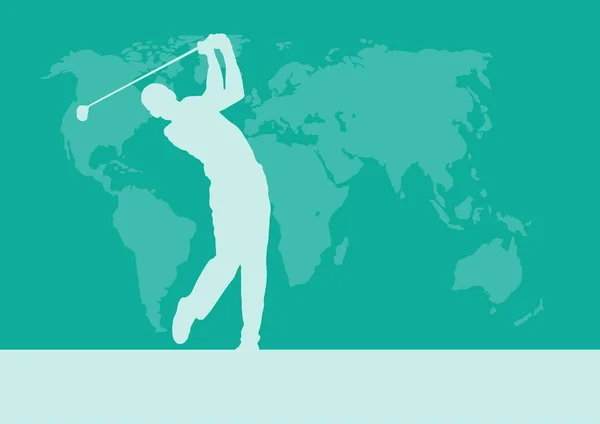 高尔夫俱乐部比赛 世界地图背景 矢量海报与人玩绿色游戏 — 图库矢量图片