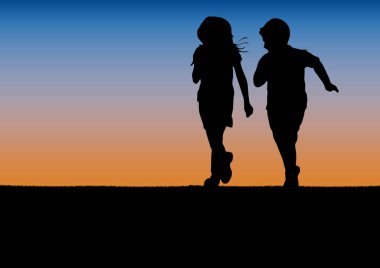 Çocuklar günbatımı, vektör poster ve arka plan yarış oyun. 