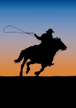 Rodeo Yarışması turnuva, gün batımı arka plan. Vektör poster kovboy ve kement ata