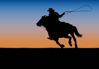 Rodeo Yarışması turnuva, gün batımı arka plan. Vektör poster kovboy ve kement ata