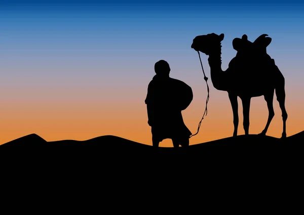 Caravan Woestijn Zonsondergang Achtergrond Vector Poster Kameel Bedoeïenen Sahara — Stockfoto