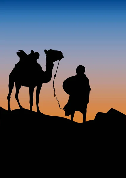 Caravan Woestijn Zonsondergang Achtergrond Vector Poster Kameel Bedoeïenen Sahara — Stockfoto