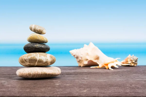 Tropical Sea Seen Boat Stones Table Copy Space Relaxing Board — Stock Photo, Image