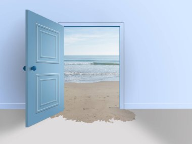 Oda açık kapı ile. Plaj ve deniz