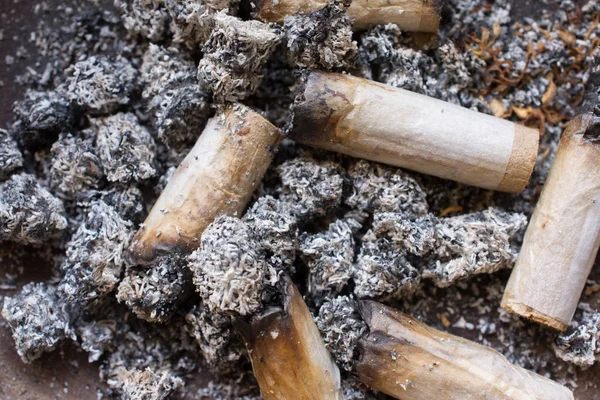 Closeup Wooden Ashtray Burned Cigarettes Ash — Stock Photo, Image