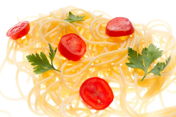 Espaguetis Tomate Cocidos Suspendidos Aire Pasta Contraluz Fondo — Foto de Stock
