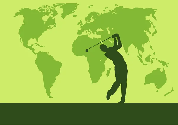 高尔夫俱乐部比赛 世界地图背景 矢量海报与人玩绿色游戏 — 图库矢量图片