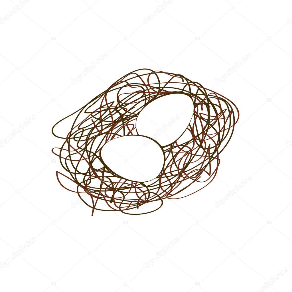 Creative logo of a scrawled nest with two eggs. Vector isolated abstract illustration