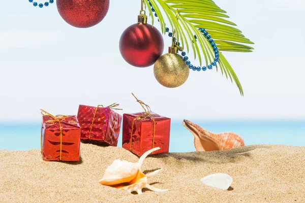 Christmas Tree Decorations Beach Tropical Concept New Year Holiday Hot — Stock Photo, Image