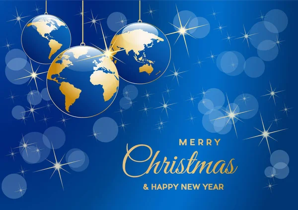 Weihnachtsbaum Vektor Postkarte Blau Kugeln Form Des Planeten Erde Hintergrund — Stockvektor