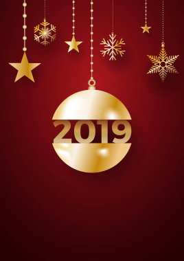 2019 mutlu yeni yıl arka plan. Altın top ve kartpostal, takvim ve tebrik için buz
