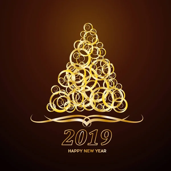 Vector Abstract cover Golden Christmas Tree, with text 2019 Happy New Year