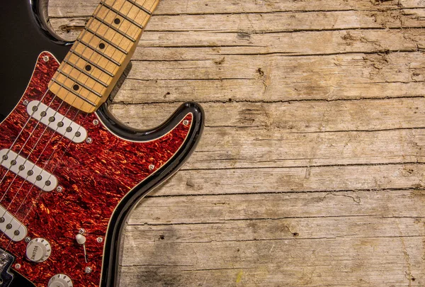 Detail Elektrická Kytara Ležící Vintage Dřevo Pozadí Kopírování Prostor — Stock fotografie