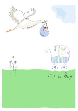Leylek bir bebek taşıma. Yeni Doğum ilanı. Erkektir. Vektör çizim bir çocuk tarafından yapılan.