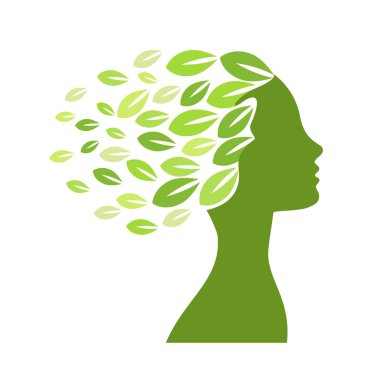 Vektör logo yeşil kadın, baş ve yaprakları