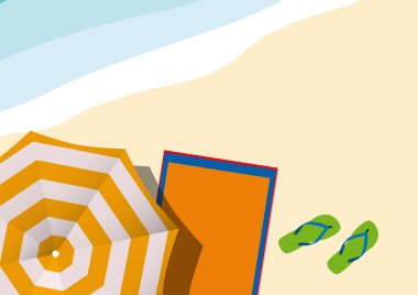 Vektör çizim, yaz arka plan. Deniz ve kum ile umbrela ve flip flop.